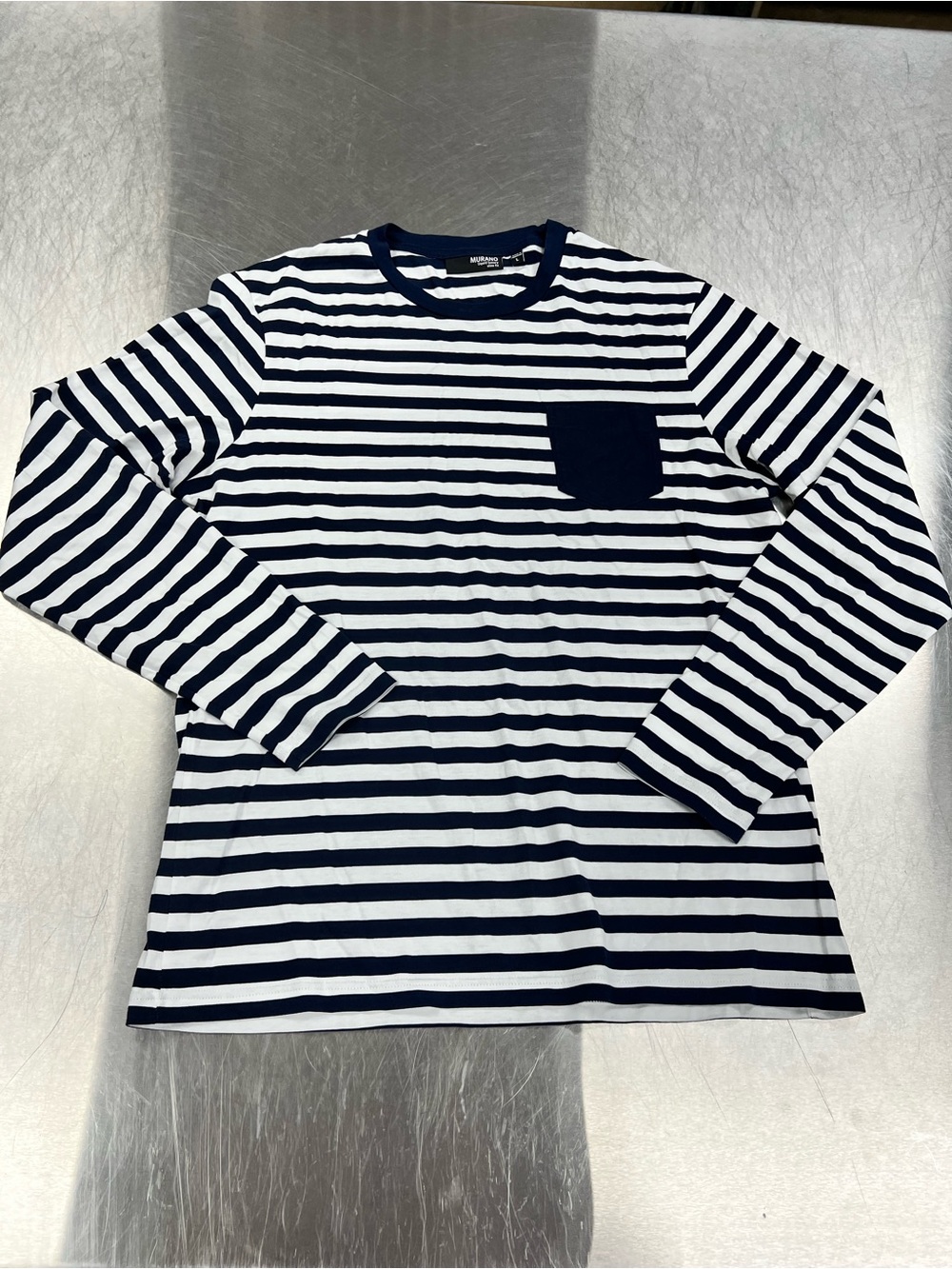 Murano Navy & White Striped 100% Cotton  Long-Sleeve Pocket Tee Women’s L